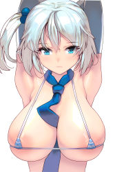 Rule 34 | 1girl, areola slip, armpits, arms behind head, between breasts, bikini, blue eyes, breasts, elbow gloves, gloves, grey gloves, highres, huge breasts, kouno (masao), looking at viewer, micro bikini, necktie, necktie between breasts, one side up, original, short hair, solo, striped bikini, striped clothes, swimsuit, upper body, white background, white hair