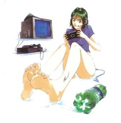 Rule 34 | 1girl, cable, clenched teeth, crt, cup, drinking glass, feet, foreshortening, game console, green eyes, green hair, hair horns, handheld game console, headset, invisible floor, original, panties, playstation 3, playstation controller, playstation portable, short hair, shyzzzi, sitting, solo, sprite (drink), tattoo, teeth, television, underwear, videocassette recorder, white panties