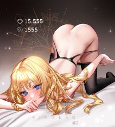 Rule 34 | 1girl, absurdres, ass, black pantyhose, blonde hair, blue eyes, clothes pull, commentary, garter belt, genshin impact, highres, long hair, looking at viewer, navia (genshin impact), no headwear, no shoes, pantyhose, pantyhose pull, ringeko-chan, solo, thighs, top-down bottom-up