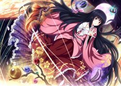 Rule 34 | 1girl, absurdly long hair, black hair, blouse, branch, brown eyes, cowry shell, dress, full moon, houraisan kaguya, jeweled branch of hourai, long hair, looking at viewer, moon, outstretched hand, pink shirt, red skirt, robe, shirt, skirt, solo, touhou, ugume, very long hair