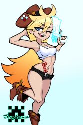 Rule 34 | 1girl, bare shoulders, blonde hair, blue background, blue eyes, boots, breasts, brown footwear, collarbone, cowboy boots, cowboy hat, cowboy shot, crop top, gun, hat, highres, joeydrawss, long hair, medium breasts, midriff, navel, one eye closed, panty &amp; stocking with garterbelt, panty (psg), shiny skin, short shorts, shorts, simple background, sleeveless, solo, standing, standing on one leg, tattoo, weapon, wink