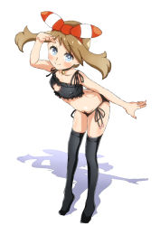 Rule 34 | 1girl, alternate costume, artist request, bandana, blush, bra, breasts, brown hair, cat lingerie, cleavage cutout, clothing cutout, creatures (company), full body, game freak, hair ribbon, leaning forward, looking at viewer, may (pokemon), meme attire, nintendo, panties, pokemon, ribbon, side-tie panties, small breasts, smile, solo, standing, thighhighs, underwear