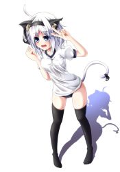 Rule 34 | 1girl, alternate costume, animal ears, black thighhighs, blue eyes, buruma, cameltoe, cat ears, cat girl, cat tail, evandragon, fang, female focus, gym uniform, hair ribbon, highres, konpaku youmu, looking at viewer, no shoes, open mouth, puffy sleeves, ribbon, shirt, short sleeves, silver hair, simple background, smile, solo, tail, tail raised, thighhighs, touhou, v, white background