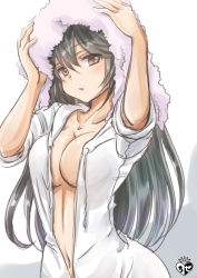Rule 34 | 10s, 1girl, arms up, black hair, blush, breasts, brown eyes, chize, cleavage, collarbone, drying, drying hair, eyebrows, haruna (kancolle), head tilt, kantai collection, large breasts, long hair, looking at viewer, navel, open clothes, open shirt, parted lips, shirt, short sleeves, simple background, solo, stomach, towel, upper body, very long hair, white background, white shirt