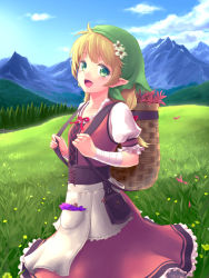 Rule 34 | 1girl, :d, antenna hair, apophis str, apron, bag, bandaged arm, bandages, blonde hair, blue sky, blush, day, dress, elf, field, flower, frilled dress, frilled sleeves, frills, grass, green eyes, hair flower, hair ornament, hair ribbon, head scarf, herb, highres, long hair, looking at viewer, low-tied long hair, mountain, mountainous horizon, open mouth, original, outdoors, pocket, pointy ears, puffy short sleeves, puffy sleeves, red dress, red ribbon, ribbon, short sleeves, sky, smile, solo, standing, tareme, waist apron, white apron