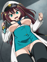 Rule 34 | @ @, bikini, black bikini, black thighhighs, blush, breasts, brown hair, cleft of venus, clenched hand, full-face blush, gluteal fold, green eyes, hair between eyes, high-waist skirt, highres, holding, holding microphone, jacket, large breasts, loco musica, looking at viewer, looking down, mahou shoujo ni akogarete, medium hair, microphone, military, multicolored hair, nail polish, nurugamer-kouyouju, open mouth, pussy, sailor collar, short twintails, skirt, smile, streaked hair, swimsuit, thighhighs, twintails, underboob, white jacket