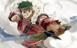 Rule 34 | 1boy, 91007, armor, bow (weapon), boyd (fire emblem), fire emblem, green hair, headband, highres, holding, holding bow (weapon), holding weapon, incoming attack, leather, looking at viewer, male focus, nintendo, solo, upper body, weapon