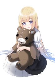 Rule 34 | 1girl, :d, absurdres, blonde hair, blue eyes, blush, character request, claws, commentary request, dress, full body, highres, indie virtual youtuber, long hair, looking at viewer, nekobaka, hugging object, open mouth, puffy short sleeves, puffy sleeves, sharp teeth, short sleeves, simple background, smile, solo, stitched mouth, stitches, stuffed animal, stuffed toy, teddy bear, teeth, transparent background, very long hair, virtual youtuber, white background, white dress
