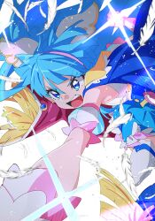 Rule 34 | 1girl, blue cape, blue dress, blue eyes, blue hair, cape, commentary, cure sky, cut bangs, detached sleeves, diffraction spikes, dress, earrings, feathers, foreshortening, frilled dress, frills, frown, gloves, highres, hirogaru sky! precure, jewelry, leg up, long hair, looking to the side, magical girl, multicolored hair, open mouth, pink hair, precure, puffy detached sleeves, puffy sleeves, punching, short dress, single sidelock, sleeveless, sleeveless dress, solo, sora harewataru, standing, streaked hair, takoongyi, thighhighs, twintails, two-tone dress, two-tone hair, very long hair, white background, white dress, white gloves, white thighhighs, wing hair ornament