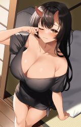 Rule 34 | 1girl, bare shoulders, black hair, blanket, blush, breasts, brown eyes, cleavage, closed mouth, collarbone, covered navel, enjo kouhai, futon, highres, horns, huge breasts, long hair, looking at viewer, one eye closed, oni, origamine ouka, oversized clothes, oversized shirt, rubbing eyes, shirt, short sleeves, skin-covered horns, sleepy, sliding doors, solo, takunomi, very long hair, waking up