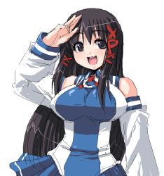 Rule 34 | 1girl, :d, arm up, bare shoulders, black eyes, black hair, blue skirt, blush, breasts, character name, detached sleeves, hair ribbon, large breasts, long hair, oekaki, open mouth, os-tan, pleated skirt, ribbon, salute, shirt, simple background, sketch, skirt, sleeve cuffs, smile, solo, tress ribbon, upper body, very long hair, white background, xp-tan