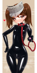 1girl absurdres alternate_costume animal_collar black_bodysuit blush bodysuit border breasts brown_background brown_eyes brown_hair collar commentary_request commission cowboy_shot crotch_zipper egasumi full-face_blush hair_between_eyes hand_on_own_hip heart highres holding holding_leash kantai_collection latex latex_bodysuit leash looking_at_viewer maguro27 outside_border outstretched_arms pillarboxed red_collar ryuujou_(kancolle) shiny_clothes short_twintails skin_tight small_breasts smile solo standing steam suggestive_fluid thigh_gap twintails visor_cap white_border zipper