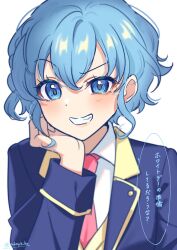 Rule 34 | 1girl, blue eyes, blue hair, blue jacket, collared shirt, commentary request, dorothy west, furrowed brow, grin, hair between eyes, hand on own cheek, hand on own face, hand up, highres, jacket, long sleeves, looking at viewer, mendamen, necktie, open mouth, paprika private academy school uniform, pink necktie, pretty series, pripara, school uniform, shirt, short hair, simple background, smile, smug, solo, speech bubble, translation request, twitter username, upper body, white background, white shirt