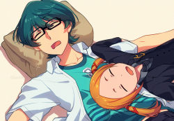 Rule 34 | 2boys, asada hachi, black-framed eyewear, black neckwear, black suit, borr, collared shirt, commentary, dated commentary, closed eyes, formal, glasses, green hair, green shirt, grey shirt, gridman universe, hair between eyes, head on pillow, long hair, long sleeves, lying, male focus, multiple boys, necktie, on back, open clothes, open mouth, open shirt, orange hair, pillow, rectangular eyewear, shirt, short hair, short sleeves, simple background, sleeping, sleeping on person, ssss.gridman, suit, trap, twintails, twitter username, utsumi shou, watermark, wavy mouth, white shirt
