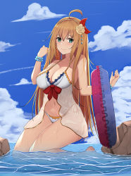Rule 34 | 1girl, ahoge, bikini, blush, braid, breasts, cleavage, commentary request, highres, holding, holding swim ring, innertube, l.tea, large breasts, long hair, looking at viewer, outdoors, pecorine (princess connect!), pecorine (summer) (princess connect!), princess connect!, ribbon, side-tie bikini bottom, side braid, smile, solo, stomach, swim ring, swimsuit, thighs, tiara, very long hair, wading, white bikini
