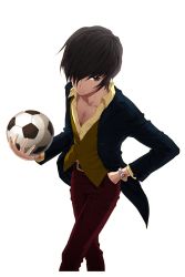 Rule 34 | 1boy, ball, belt, black jacket, brown eyes, brown hair, brown vest, buttons, collarbone, collared shirt, comiccho, dress shirt, hair over one eye, hand in pocket, highres, holding, holding ball, ingram (soccer spirits), jacket, long sleeves, looking at viewer, male focus, official art, open clothes, open jacket, pants, shirt, soccer ball, soccer spirits, solo, standing, transparent background, vest, walking, watch, wing collar, wristwatch, yellow shirt