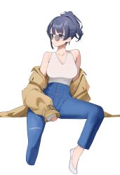 Rule 34 | 1girl, :|, absurdres, blue eyes, blue pants, blush, breasts, brown coat, cleavage, closed mouth, coat, collarbone, cropped legs, denim, expressionless, high-waist pants, highres, hololive, hololive english, jeans, large breasts, legs apart, long sleeves, looking over eyewear, looking to the side, mukana meme, off shoulder, official alternate costume, open clothes, open coat, ouro kronii, ouro kronii (casual), pants, purple hair, round eyewear, shirt, shoes, short hair, short ponytail, sidelocks, sitting, sleeveless, sleeveless shirt, sleeves past wrists, solo, sunglasses, tinted eyewear, virtual youtuber, white footwear, white shirt