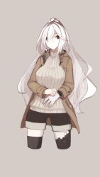 Rule 34 | 1girl, albino, black shorts, black thighhighs, blush, breasts, closed mouth, coat, cropped legs, duffel coat, grey background, hair over one eye, highres, light smile, long hair, looking at viewer, medium breasts, mikoto (oi plus), open clothes, open coat, original, ponytail, red eyes, ribbed sweater, shorts, simple background, smile, solo, sweater, thighhighs, turtleneck, turtleneck sweater, white hair
