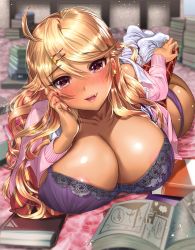 Rule 34 | 1girl, ahoge, amaryllis gumi, areola slip, ass, blonde hair, blurry, book, book stack, bra, breasts, cleavage, clothes lift, come hither, commentary request, dark-skinned female, dark skin, depth of field, earrings, fang, gyaru, hair ornament, hairclip, head rest, jewelry, kogal, lace, lace-trimmed bra, lace trim, large breasts, lipstick, long hair, looking at viewer, loose socks, lying, makeup, nail polish, on stomach, open clothes, open shirt, ouga saki, panties, pov, purple bra, purple panties, red eyes, skirt, skirt lift, socks, solo, star (symbol), star earrings, underwear, virtual youtuber, white legwear, yanyo (ogino atsuki)