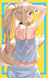 Rule 34 | 1girl, animal ears, arms up, back, bare shoulders, breasts, brown hair, choker, commentary, cowboy shot, dog ears, dog tail, english commentary, fuwawa abyssgard, hair ornament, hair tie in mouth, hairclip, harutyansann, highres, hololive, hololive english, long hair, mouth hold, pink eyes, ponytail, sideboob, solo, tail, tying hair, virtual youtuber