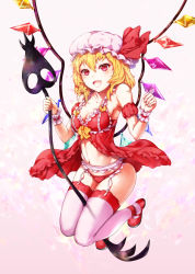 Rule 34 | 1girl, armpits, babydoll, blonde hair, breasts, cleavage, crystal, flandre scarlet, floating, garter belt, garter straps, hat, hat ribbon, highres, laevatein (touhou), lingerie, mary janes, mayonaka taruho, medium hair, mob cap, one side up, red eyes, red footwear, red ribbon, ribbon, shoes, smile, solo, thighhighs, touhou, underwear, white hat, white thighhighs, wings, wrist cuffs