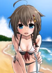 Rule 34 | 1girl, adapted costume, ahoge, beach, bikini, black bikini, black hair, blue eyes, blue sky, blurry, braid, breasts, cloud, commentary request, cowboy shot, day, depth of field, drinking straw, gouta (nagishiro6624), hair flaps, hair over shoulder, highres, holding, kantai collection, long hair, looking at viewer, outdoors, pov, shigure (kancolle), shigure kai ni (kancolle), single braid, sky, small breasts, smile, solo, swimsuit