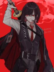 Rule 34 | absurdres, alternate costume, arm up, belt, black belt, black gloves, black hair, black pants, black vest, bob cut, cigarette, collared shirt, dated, gloves, grin, highres, id card, katana, limbus company, lk0 71604, looking to the side, necktie, pants, project moon, red background, red eyes, red necktie, ryoshu (project moon), sheath, sheathed, shirt, short hair, single glove, smile, smoke, smoking, sword, vest, weapon, white shirt