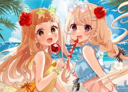 Rule 34 | 2girls, :d, ahoge, blonde hair, blush, bow, bow swimsuit, brown eyes, candy apple, cloud, commentary, day, dot nose, eyewear on head, flat chest, flower, food, frills, fruit, futaba anzu, hair flower, hair ornament, hairclip, hand up, hibiscus, highres, ichihara nina, idolmaster, idolmaster cinderella girls, long hair, looking at viewer, multiple girls, ocean, one-piece swimsuit, open mouth, orange hair, outdoors, palm leaf, red flower, ribbon, rino cnc, sand, smile, strawberry, sunlight, swimsuit, tanghulu, thick eyebrows, yellow eyes