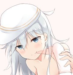 Rule 34 | 10s, 1girl, absurdres, beige background, blue eyes, blush, closed mouth, collarbone, condom, condom in mouth, condom on penis, disembodied penis, ero mang-a, flat cap, hair between eyes, half-closed eyes, hat, hetero, hibiki (kancolle), highres, kantai collection, long hair, looking at viewer, mouth hold, mouth pull, nude, penis, silver hair, simple background, smile, solo focus, upper body, verniy (kancolle)