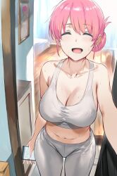 Rule 34 | 1girl, :d, ^ ^, bare arms, bare shoulders, blush, bocchi the rock!, breasts, cellphone, cleavage, closed eyes, collarbone, doorway, facing viewer, gotoh michiyo, grey pants, hews, highres, holding, holding phone, indoors, large breasts, midriff, navel, onlyfans, open mouth, pants, phone, pink hair, pov doorway, sleeveless, smartphone, smile, solo, sports bra, sweat, thighs, white sports bra, wooden floor