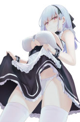 Rule 34 | 1girl, apron, azur lane, bare shoulders, black hairband, blush, breasts, clothes lift, clothing cutout, dido (azur lane), dress, dress lift, earrings, frills, hairband, highres, jewelry, large breasts, lifting own clothes, long hair, looking at viewer, panties, pink eyes, ru zhai, silver hair, simple background, sleeveless, solo, thighhighs, underboob, underboob cutout, underwear, waist apron, white apron, white background, white panties, white thighhighs