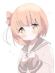 Rule 34 | 1girl, ahoge, blush, bob cut, bow, brown eyes, brown hair, expressionless, eyebrows hidden by hair, fuio, hair ornament, hands up, head tilt, heart, highres, ichinose hana, long sleeves, looking at viewer, own hands together, pout, puffy long sleeves, puffy sleeves, sailor collar, school uniform, serafuku, shirt, short hair, sidelocks, simple background, sleeves past wrists, slow start, solo, straight hair, white shirt