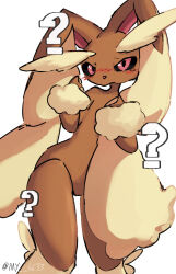 1girl ? animal_nose artist_name black_sclera blush body_fur brown_fur colored_sclera creatures_(company) female_focus flat_chest furry furry_female game_freak gen_4_pokemon hands_up highres holding_own_ears long_ears looking_at_viewer lopunny my_(my_6633) nintendo nose_blush pink_eyes pokemon pokemon_(creature) rabbit_ears rabbit_girl shy signature simple_background solo standing tears twitter_username two-tone_fur white_background yellow_fur