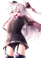 Rule 34 | 1girl, absurdres, amatsukaze (kancolle), black dress, black panties, box, breath, covered mouth, dress, fringe trim, garter straps, gift, gift box, gloves, gluteal fold, hair between eyes, hair tubes, hands up, hat, heart-shaped box, highres, holding, holding gift, kantai collection, long hair, long sleeves, looking at viewer, mini hat, panties, puffy long sleeves, puffy sleeves, red eyes, red scarf, scarf, short dress, side-tie panties, silver hair, simple background, single glove, sleeves past wrists, smokestack, solo, thighhighs, two side up, underwear, valentine, very long hair, white background, white gloves, zetsuriinu (kairyougata)