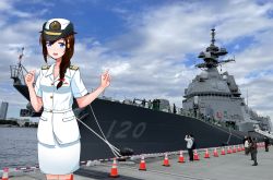 Rule 34 | 1girl, 6+others, ahoge, alternate costume, black hair, blue eyes, blue sky, braid, cloud, day, destroyer, feet out of frame, female service cap, hair flaps, hair ornament, hair over shoulder, highres, japan maritime self-defense force, japan self-defense force, kantai collection, military, military uniform, military vehicle, multiple others, murasame ryuu, outdoors, pencil skirt, photo background, shigure (kancolle), shigure kai ni (kancolle), ship, shirt, single braid, skirt, sky, uniform, warship, watercraft, white headwear, white shirt, white skirt