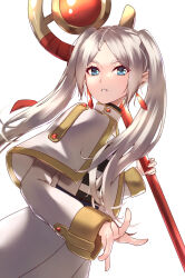 Rule 34 | 1girl, blue eyes, capelet, commentary request, earrings, elf, frieren, grey hair, highres, holding, holding staff, jewelry, long hair, long sleeves, looking at viewer, parted lips, pointy ears, r1n54234459, simple background, solo, sousou no frieren, staff, twintails, white background, white capelet