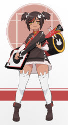 Rule 34 | 1girl, :3, aged down, alternate costume, animal print, black hair, boots, brown footwear, chinese clothes, commentary request, dark-skinned female, dark skin, egert, eyeshadow, full body, genshin impact, guitar, hair between eyes, highres, holding, holding instrument, instrument, long hair, looking at viewer, makeup, multicolored hair, music, playing instrument, rabbit print, sidelocks, simple background, solo, streaked hair, thighhighs, twintails, white thighhighs, xinyan (genshin impact), zettai ryouiki