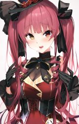 Rule 34 | 1girl, bare shoulders, black bow, black gloves, black headwear, black ribbon, blush, bow, breasts, breath, cleavage, corset, dress, drill hair, frilled sleeves, frills, gem, gloves, gothic lolita, hair ribbon, heterochromia, highres, hololive, houshou marine, houshou marine (gothic lolita), large breasts, lolita fashion, long hair, long sleeves, looking at viewer, official alternate costume, open mouth, pocket watch, red dress, red eyes, red hair, ribbon, see-through, see-through cleavage, solo, sweatdrop, teeth, twin drills, twintails, very long hair, virtual youtuber, watch, white background, xkirara39x, yellow eyes