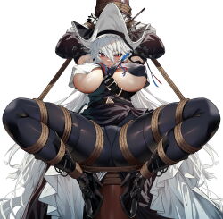 Rule 34 | 1girl, absurdres, arknights, arms up, bdsm, black pantyhose, bondage, boots, bound, breasts, detached sleeves, frogtie, hat, high heel boots, high heels, highres, large breasts, long hair, lsc5, panties, pantyhose, pole, red eyes, restrained, rope, second-party source, specter (arknights), specter the unchained (arknights), spread legs, underboob, underwear, white background, white hair