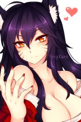 Rule 34 | 1girl, ahri (league of legends), animal ears, bare shoulders, black hair, breasts, cleavage, collarbone, detached sleeves, facial mark, fingernails, fox ears, fox girl, foxykuro, heart, korean clothes, large breasts, league of legends, long fingernails, long hair, looking at viewer, simple background, slit pupils, solo, whisker markings, white background, yellow eyes