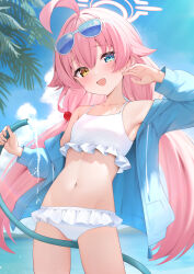 Rule 34 | 1girl, absurdres, bikini, blue archive, blue eyes, blue jacket, blush, breasts, cowboy shot, day, eyewear on head, frilled bikini, frills, hair between eyes, hair bobbles, hair ornament, halo, highres, hose, hoshino (blue archive), hoshino (swimsuit) (blue archive), jacket, long hair, long sleeves, looking at viewer, low twintails, navel, official alternate costume, open clothes, open jacket, open mouth, outdoors, pink hair, pink halo, rei (ilust9999), small breasts, smile, solo, sunglasses, swimsuit, twintails, water, white bikini, yellow eyes