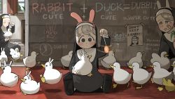Rule 34 | 3girls, :d, @ @, ^ ^, aged down, animal ears, bandaid, bandaid on cheek, bandaid on face, bird, black legwear, brick wall, bunny nun (diva), carrot, chicken, child&#039;s drawing, closed eyes, commentary, curtains, diva (hyxpk), doorway, duck, duckling, empty eyes, english commentary, english text, fake animal ears, graffiti, graph (object), grey eyes, grey hair, habit, hair ornament, highres, holding, holding carrot, holding pendulum, hopping, hypnosis, leaf nun (diva), little nuns (diva), mind control, multiple girls, nervous sweating, notebook, nun, open mouth, pendulum, picture frame, plant, poster (object), potted plant, rabbit ears, rabbit hair ornament, removing headwear, smile, socks, star (symbol), star nun (diva), sweat, sweatdrop, traditional nun, window, writing on wall