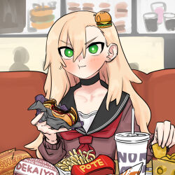 Rule 34 | 1girl, asymmetrical bangs, black choker, black sailor collar, blonde hair, blush, bright pupils, brown shirt, burger, chewing, chicken nuggets, choker, collarbone, commentary request, cup, disposable cup, fast food, food, food bite, french fries, full mouth, green eyes, highres, holding, holding food, indoors, long hair, long sleeves, looking at viewer, matangom, matangomu-chan, menu board, neckerchief, on chair, original, red neckerchief, restaurant, sailor collar, sanpaku, school uniform, serafuku, shirt, silhouette, sitting, solo focus, upper body, v-shaped eyebrows, white pupils