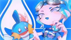 Rule 34 | 1girl, :d, blue hair, blue shirt, blue theme, blue tongue, bright pupils, colored tongue, company connection, creatures (company), crossover, dive ball, eyes visible through hair, game freak, gen 3 pokemon, goggles, goggles on head, highres, holding, holding poke ball, mudkip, nintendo, octoling, octoling girl, octoling player character, open mouth, poke ball, pokemon, pokemon (creature), ponytail, purple eyes, shirt, short hair, short sleeves, smile, splatoon (series), splatoon 3, suu (new zaraki510), t-shirt, tentacle hair, white pupils