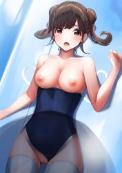 Rule 34 | 1girl, absurdres, bare arms, bare shoulders, blue one-piece swimsuit, blush, breasts, brown hair, censored, clothes pull, clothing aside, cowboy shot, double bun, hair bun, highres, idolmaster, idolmaster shiny colors, large breasts, looking at viewer, mosaic censoring, nipples, one-piece swimsuit, one-piece swimsuit pull, open mouth, pussy, red eyes, short hair, solo, sonoda chiyoko, sora (men0105), standing, swimsuit, swimsuit aside, thighhighs, twintails, white thighhighs
