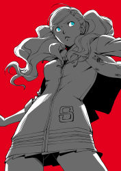 Rule 34 | 10s, 1girl, absurdres, blue eyes, hair ornament, highres, k utao, long hair, monochrome, persona, persona 5, solo, takamaki anne, twintails