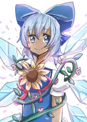 Rule 34 | 1girl, absurdres, blouse, blue bow, blue dress, blue eyes, blue hair, blush, bow, cirno, closed mouth, dress, flower, hair bow, highres, ice, ice wings, light blue hair, pinafore dress, plant, puffy short sleeves, puffy sleeves, red ribbon, ribbon, sanzuri, shirt, short hair, short sleeves, sleeveless dress, smile, solo, standing, sunflower, tan, tanned cirno, touhou, vines, white background, white shirt, wings