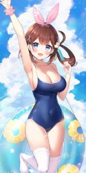 Rule 34 | 1girl, arm up, armpits, ayamy, ayamy (vtuber), bare arms, blue eyes, blue one-piece swimsuit, blue sky, blush, bow hairband, breasts, brown hair, cat hair ornament, cleavage, cloud, cloudy sky, collarbone, commentary, covered navel, food, hair ornament, hairband, highres, holding, holding food, holding swim ring, indie virtual youtuber, innertube, large breasts, leg up, long hair, one-piece swimsuit, open mouth, pink hairband, popsicle, school swimsuit, side ponytail, sidelocks, sky, smile, solo, swim ring, swimsuit, thighhighs, thighs, virtual youtuber, white thighhighs, wristband, x hair ornament