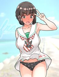 1girl absurdres alternate_costume beach black_hair black_panties blue_sky blush breasts brown_eyes cloud cosplay day dress embarrassed full-face_blush furaggu_(frag_0416) highres kantai_collection large_breasts libeccio_(kancolle) libeccio_(kancolle)_(cosplay) myoukou_(kancolle) neckerchief outdoors panties polka_dot polka_dot_panties red_neckerchief sailor_collar sailor_dress short_hair sky sleeveless sleeveless_dress solo standing striped_neckerchief underwear v white_dress white_sailor_collar