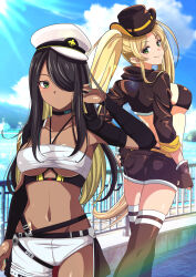 Rule 34 | 2girls, arm up, ass, asymmetrical shorts, azur lane, belt, bikini, bikini top only, black belt, black bikini, black choker, black gloves, black hair, black headwear, black shirt, black shorts, black thighhighs, blonde hair, blue sky, breasts, bridal gauntlets, choker, cleavage, closed mouth, cloud, collarbone, commentary request, cowboy hat, cowboy shot, crop top, dark-skinned female, dark skin, fingerless gloves, gloves, green eyes, green nails, groin, hair over one eye, halterneck, hand on own hip, hat, highres, hornet (azur lane), hornet ii (azur lane), large breasts, lens flare, long hair, looking at viewer, medium breasts, military hat, multicolored hair, multiple girls, murasaki tsutsuji, navel, nipples, northampton (azur lane), northampton ii (azur lane), ocean, outdoors, parted bangs, parted lips, peaked cap, railing, shirt, short shorts, shorts, sidelocks, sky, smile, standing, stomach, strapless, sunlight, swimsuit, thigh strap, thighhighs, tube top, twintails, two-tone hair, underboob, very long hair, white headwear, white shorts, white tube top, yellow belt